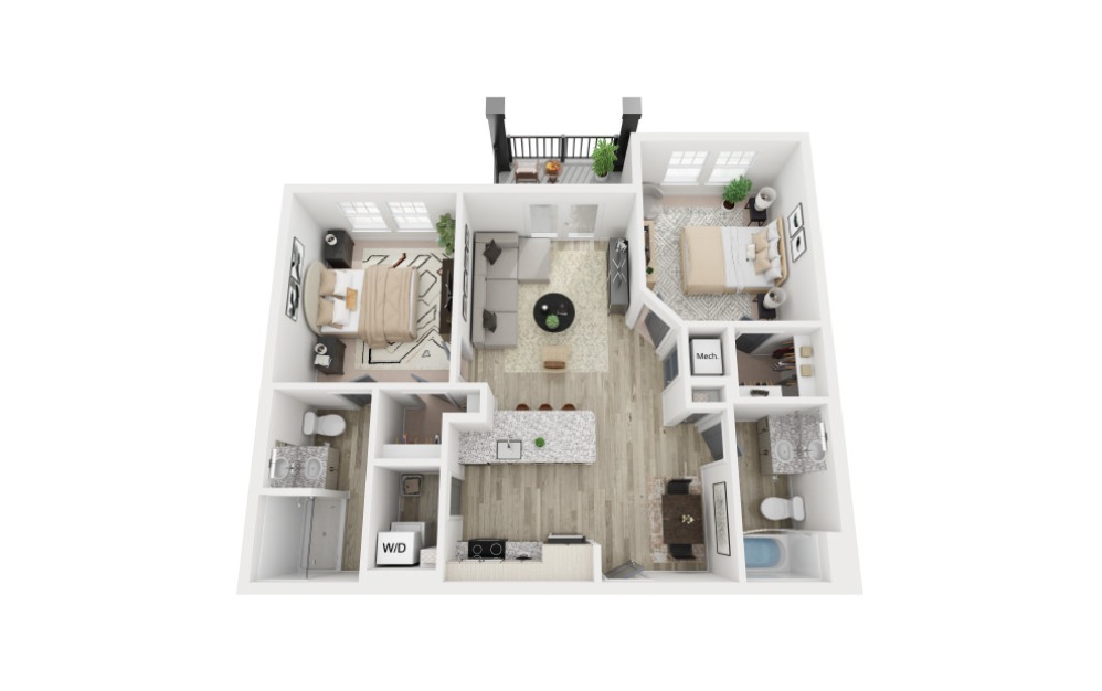 The Cashmere - 2 bedroom floorplan layout with 2 bathrooms and 933 square feet