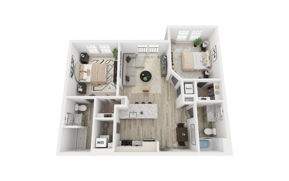 The Chiffon - 2 bedroom floorplan layout with 2 bathrooms and 933 square feet