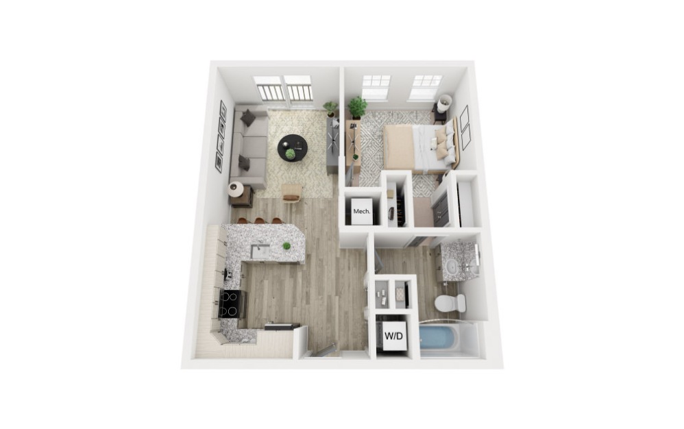 The Leather - 1 bedroom floorplan layout with 1 bathroom and 579 square feet