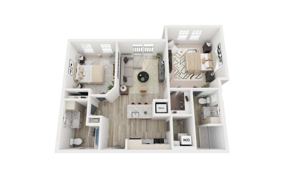 The Linen - 2 bedroom floorplan layout with 2 bathrooms and 958 square feet