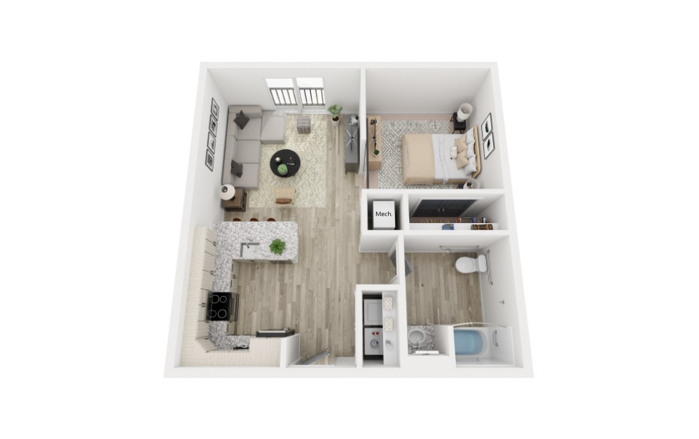 The Muslin - Studio floorplan layout with 1 bathroom and 646 square feet