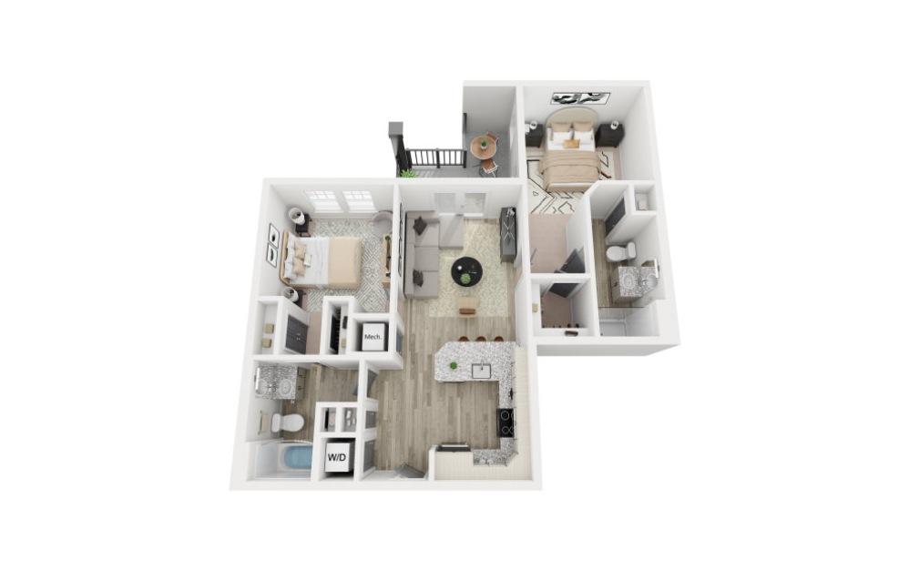 The Organza - 2 bedroom floorplan layout with 2 bathrooms and 865 square feet